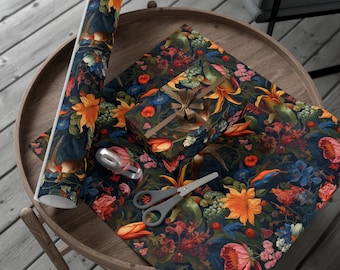 Dark Floral Wrapping Paper, Moody Cottagecore Gift Wrap