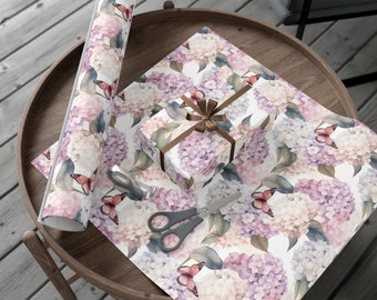 Hydrangea Butterfly Gift Wrap, Pastel Floral Wrapping Paper