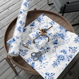 Chinoiserie inpakpapier, blauwe bloemen girly preppy millennial cadeauverpakking, babyshower, verjaardag, bruiloft, elegante bruidscadeauverpakking