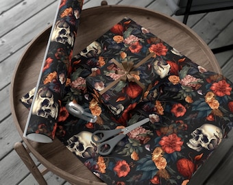Papel de regalo con calaveras florales, Halloween de brujas, botánica oscura