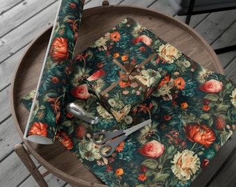Dark Moody Floral Gift Wrapping Paper, Cottagecore Style