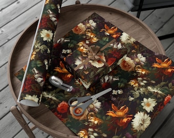 Dark Floral Wrapping Paper, Moody Cottagecore Gift Wrap