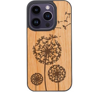 OTTOPRO Premium Cherry Wood Case - Dandelion - Engraved - Magsafe Wood Phone Cases for iPHONE MODELS with FREE Tempered Glass