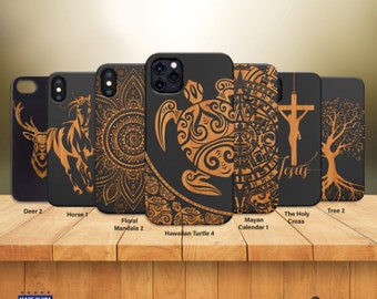 Wooden Phone Case - (Black) for iPhone 15/14/13/12/11 (Mini/Pro/Pro Max) and for Samsung S20/S21/S22 and Other Models - Engraved Design