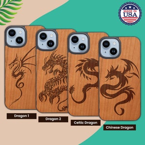 OTTOPRO Premium Cherry Wood Case - Dragon Pattern - Engraved- Magsafe Wood Phone Cases for iPHONE Models with FREE Tempered Glass