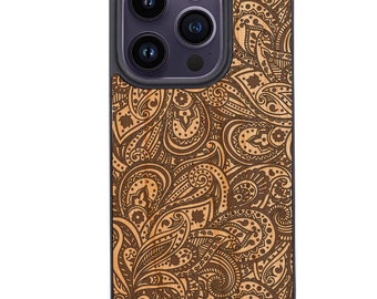 OTTOPRO Premium Cherry Wood Case - Paisley - Engraved - Magsafe Wood Phone Cases for iPHONE Models with FREE Tempered Glass