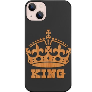 King Phone Case for iPhone Models and Samsung Phones - Couple Case -King Crown Case Engraved Protective Wooden Phone Cover (King)