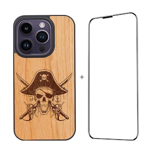 Custodia premium in legno di ciliegio OTTOPRO - Pirata - Custodia per telefono in legno Magsafe con incisione - per modelli iPhone con vetro temperato GRATUITO