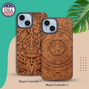 OTTOPRO Premium Kirschholz Hülle - Maya Kalender - Graviert - Magsafe Holz Handyhüllen für iPhone Modelle mit GRATIS gehärtetem Glas