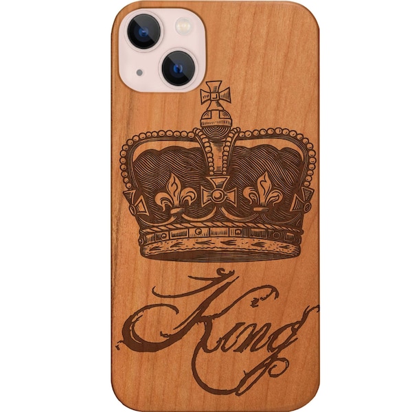 King Crown Engraved Wood Phone Case for iPhone Models and Samsung Phones Case, King Crown Designer Engraved Protective Wooden Phone Cover