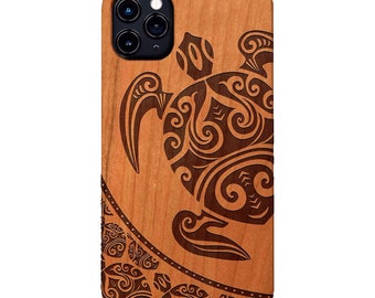Hawaiian Turtle Wood Phone Case for iPhone Models and Samsung Phones | Sea Turtle Engraved Protective Wooden Phone Cover