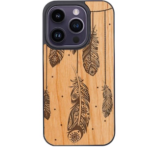 OTTOPRO Premium Cherry Wood Case - Feathers - Engraved - Magsafe Wood Phone Cases for iPHONE Models with FREE Tempered Glass