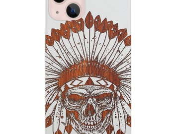 Indian Skull Engraved Phone Case for iPhone Models and Samsung Phones Case Gothic Skeleton Spooky Skull Protective Wooden Phone Cover (2)