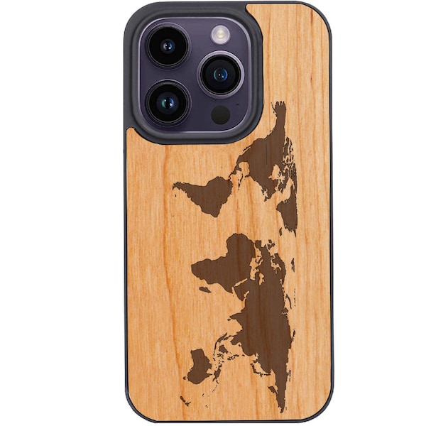 OTTOPRO Premium Cherry Wood Case - World Map - Engraved - Magsafe Wood Phone Cases for iPHONE Models with FREE Tempered Glass