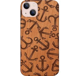 Anchor Engraved Wood Phone Case for iPhone Models and Samsung Phones Case - Vintage Marine Anchor Designer Protective Wooden Phone Cover