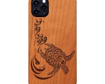 Hawaiian Turtle Wood Phone Case for iPhone Models and Samsung Phones | Ocean Animal Engraved Protective Wooden Phone Cover