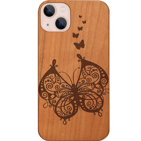 Butterfly Family Engraved Phone Case for iPhone Models and Samsung Phones Cover Cute Small Butterfly Engraved Protective Wooden Phone Cover