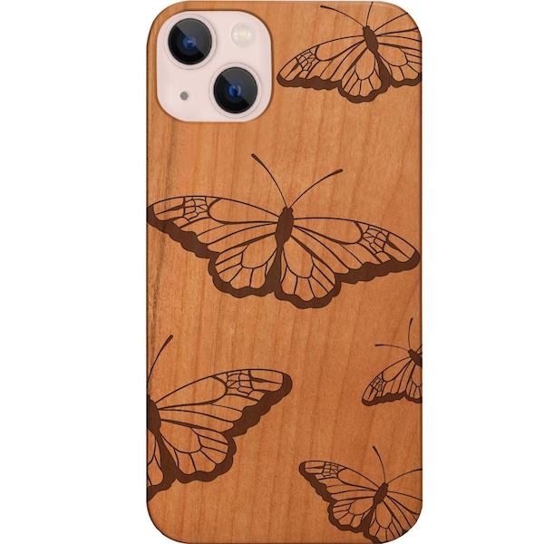 Flying Butterflies Engraved Phone Case for iPhone Models and Samsung Phones Case Cute Small Butterfly Engraved Protective Wooden Phone Cover