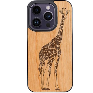 OTTOPRO Funda Premium de Madera de Cerezo - Jirafa - Grabado - Fundas de Madera Magsafe para Modelos de iPhone con Vidrio Templado GRATIS