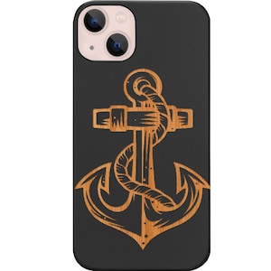 Anchor Engraved Wood Phone Case for iPhone Models and Samsung Phones Case - Vintage Marine Anchor Designer Protective Wooden Phone Cover (1)