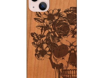Skull with Flowers Engraved Phone Case for iPhone Models and Samsung Phones Case Gothic Skeleton Spooky Skull Protective Wooden Phone Cover