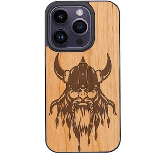OTTOPRO Premium Cherry Wood Case - Viking Man - Engraved - Magsafe Wood Phone Cases for iPHONE Models with FREE Tempered Glass