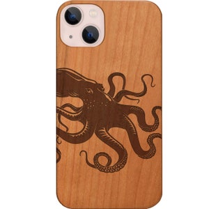 Octopus  Engraved Phone Case for iPhone Models and Samsung Phones Case Engraved Protective Wooden Phone Cover (Octopus)