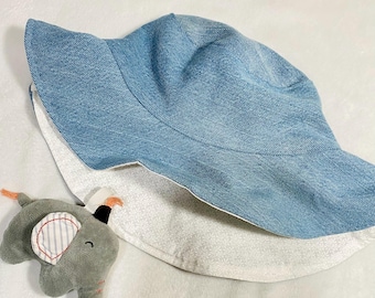 Reversible Denim Bucket Hat | Upcycled Kid's Sunhat white cotton dainty flower design