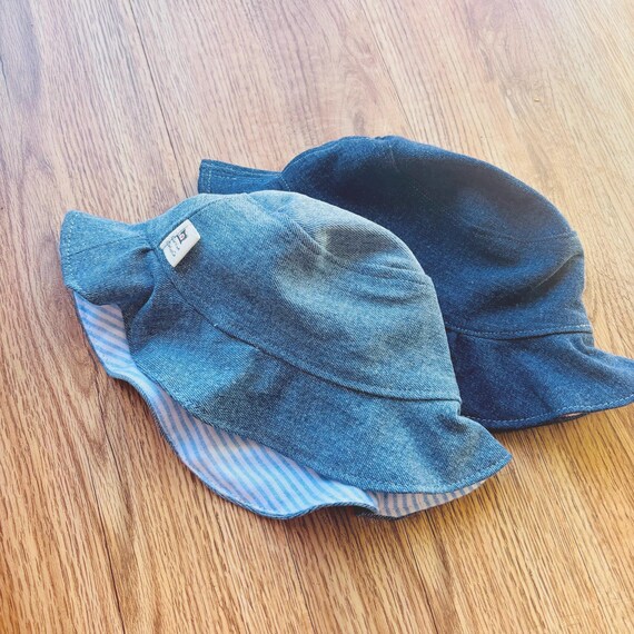 Baby Blue Striped Denim Bucket Hat: Handmade Sun Hat  display picture 1