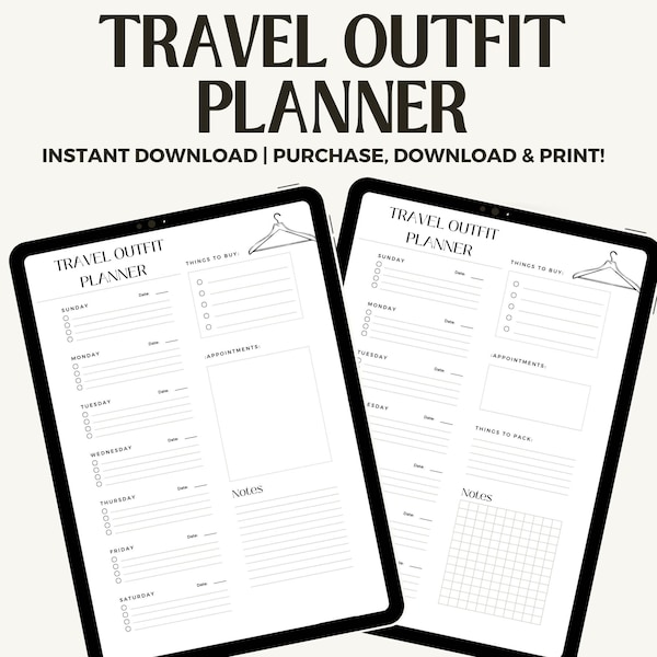 Travel Outfit Planner Printable Template, Daily Outfit Planner for Business Trip & Vacation, Travel Packing List, Suitcase Planning