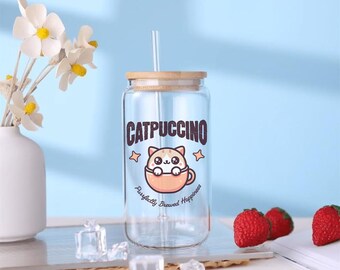 Glass Tumbler Cat 16oz, CatPuccino, Cat Tumbler, Iced Coffee Glass Cat, Cat Glass Tumbler