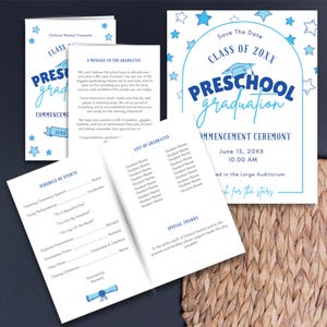 May include: Preschool graduation announcement set in blue and white. Includes a save-the-date card, a folded invitation with a message to graduates, a schedule of events, and a list of graduates. The text includes the words "Preschool Graduation" and "June".