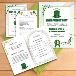 May include: A collection of Saint Patrick's Day themed event materials. Includes invitations, programs, and a craft activity sheet. The main invitation features a green hat and shamrock accents, with text that reads "Saint Patrick's Day Class Presentation".