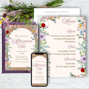 Customizable Afternoon Tea Birthday Party Templates | Invitation, Menu & Recipe Cards | Instant Download