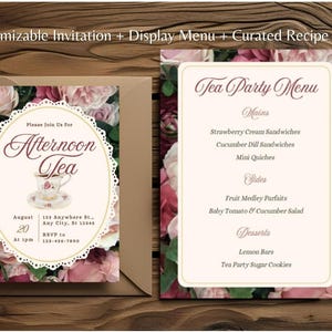 Blumen Nachmittagstee Party anpassbare Vorlage Bundle | Einladung, Menükarte & kuratierte Rezepte für elegante Veranstaltungen | Sofort Download