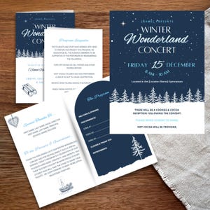 Plantilla editable de programa y volante de concierto navideño "País de las Maravillas Invernal" / Diseño de árboles nevados para escuelas, iglesias y teatros comunitarios.