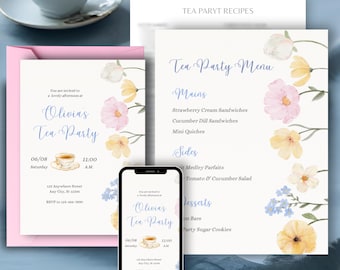Modelli per la festa del tè con fiori primaverili / Inviti, menu e ricette personalizzabili / Download immediato