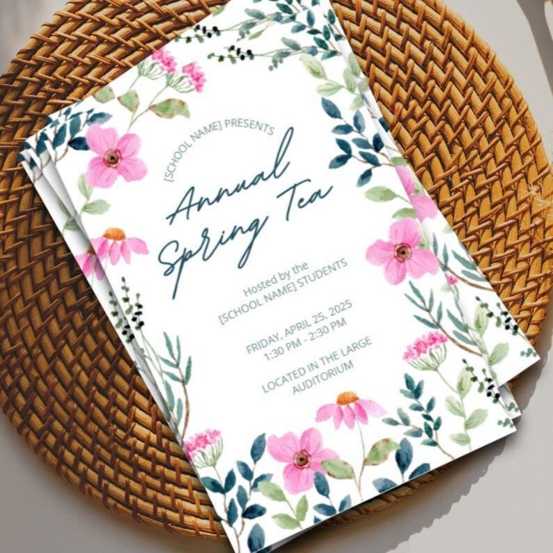 Spring Tea Program Program Editable Tea Party Program & Flyer Template | Pink Floral Design for ...