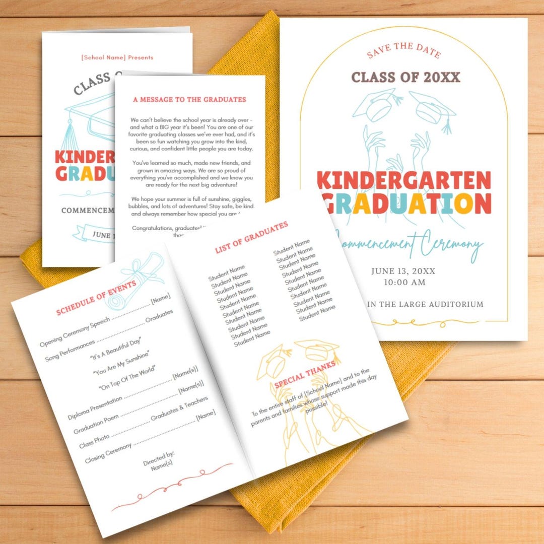Editable Graduation Program & Flyer Template | Colorful Line Art for ...