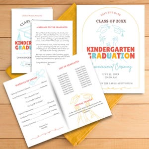 May include: A set of kindergarten graduation announcements and related stationery. The design features colorful text and illustrations, including graduation caps. The announcements include event details, a message to graduates, and a list of names.