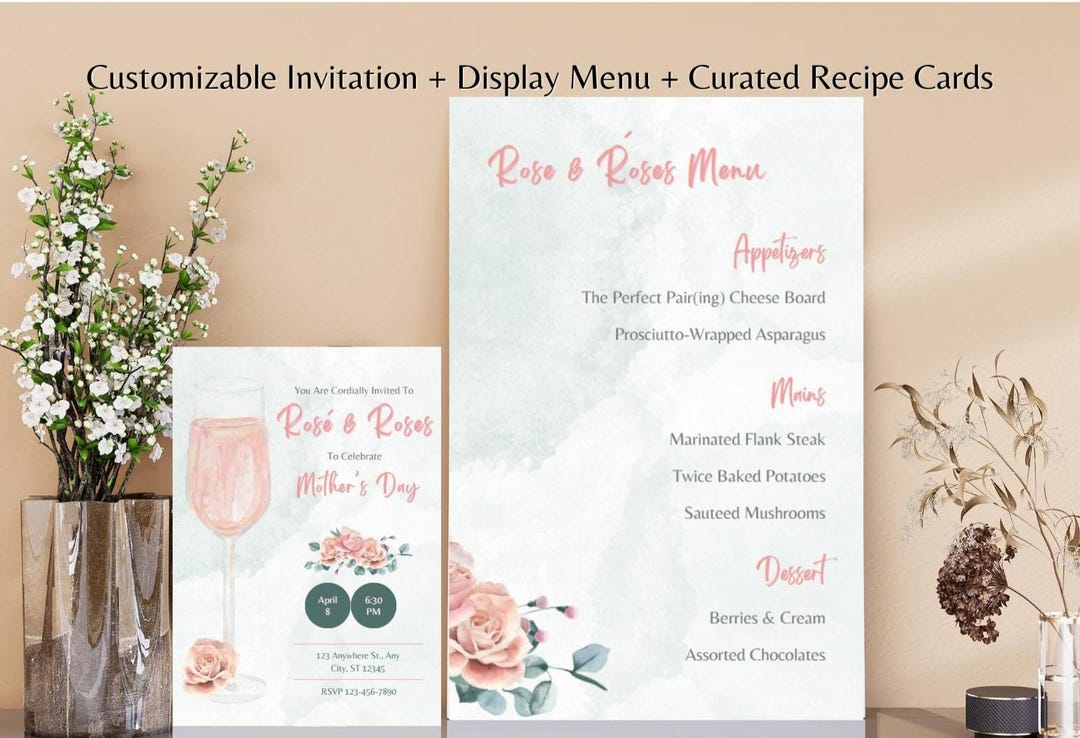 Rosé & Roses Dinner Customizable Template Bundle | Invitation, Display ...
