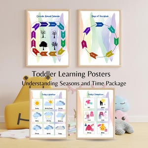 Paquete imprimible de las estaciones de aprendizaje para niños pequeños / Calendario circular, días de la semana, clima y pósteres de temperatura / Descarga instantánea en PDF
