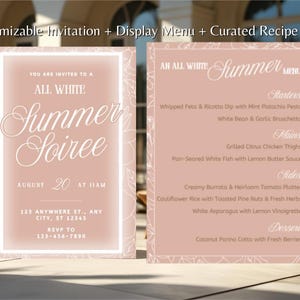 Lot de modèles personnalisables pour soirée d'été de couleur blanche | Invitation, présentation du menu et recettes pour des événements élégants | Téléchargement instantané