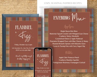 Pajama "Flannel & Fizz" Party Templates | Customizable Invitation, Menu, Recipe Cards | Instant Download