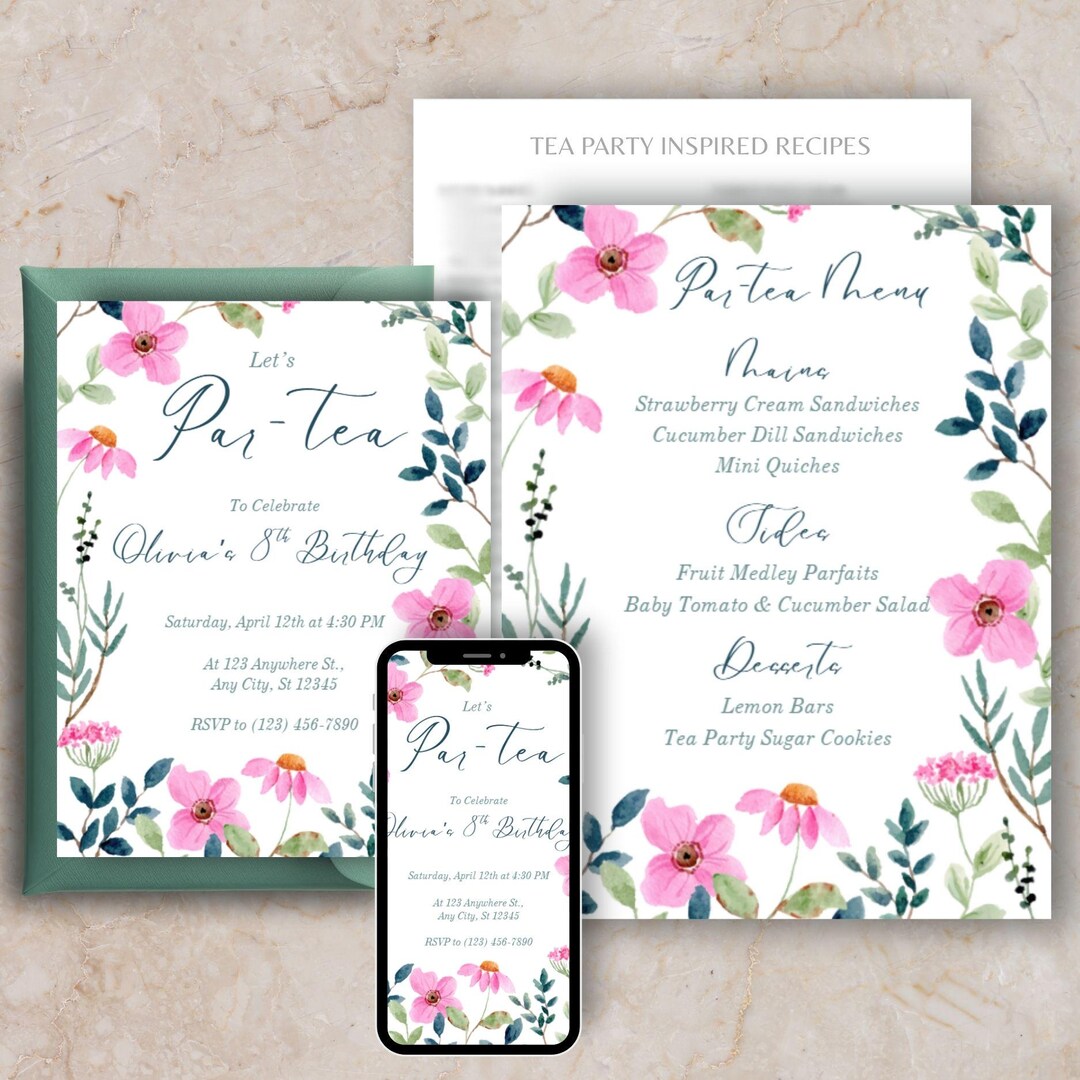 Invation Display Pink Floral Tea Party Template Bundle | Editable Invitation, Display ...