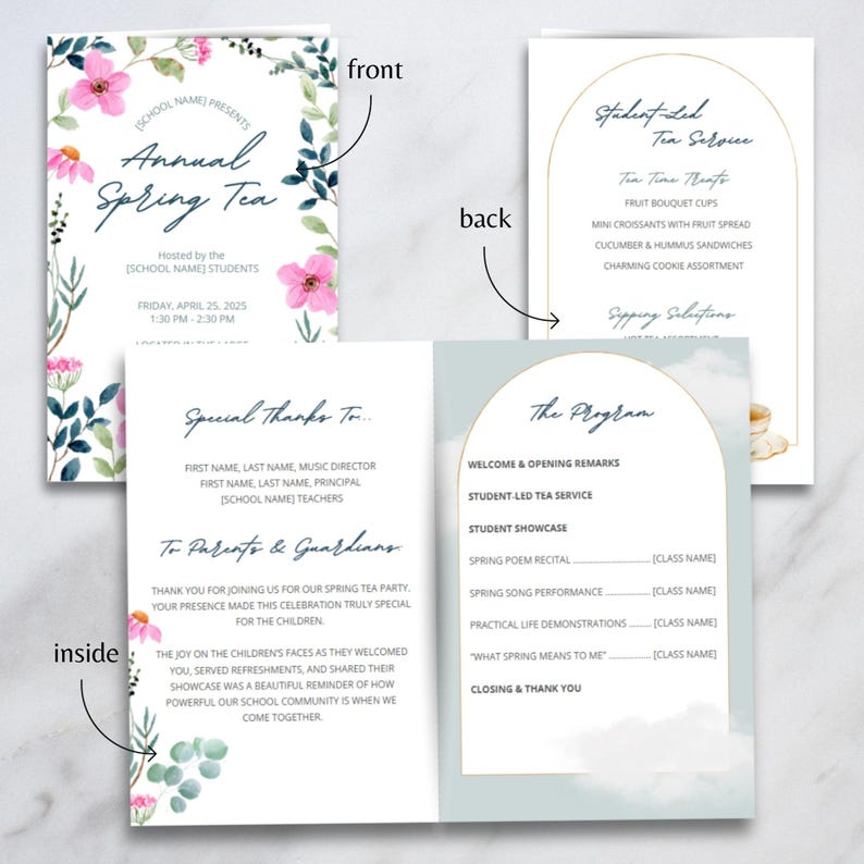Spring Tea Program Program Editable Tea Party Program & Flyer Template | Pink Floral Design for ...