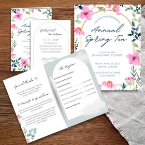 Könnte beinhalten: Ein Set von Einladungen und Programmen für ein Frühlings-Tee-Event der Schule. Die Einladungen zeigen florale Aquarelldesigns in Rosa und Grün mit elegantem Schrifttext. Das Programm listet den Teeservice, Schüleraufführungen und Dankesnotizen auf.
