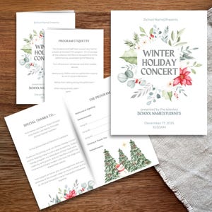Customizable Holiday Concert Program & Flyer Template | Winter Floral Wreath Design for School, Church, Community Theater