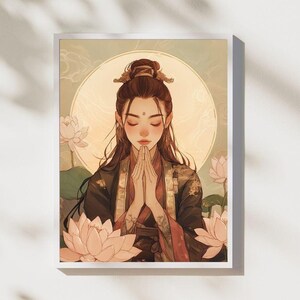 Zen Serenity: Japanese Woman in Prayer with Lotus Flowers | Digital Art Print