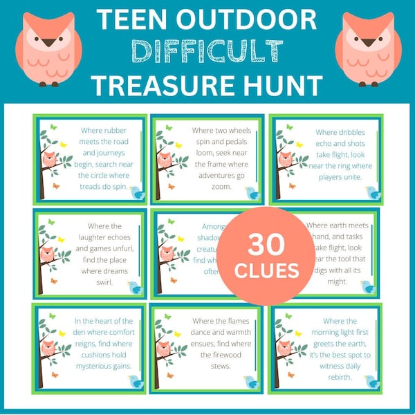 Teen Scavenger Hunt, Treasure Hunt, Outdoor Clues, Teen Clues, Birthday Scavenger Hunt, Birthday Treasure Hunt, Party Game, Instant Download